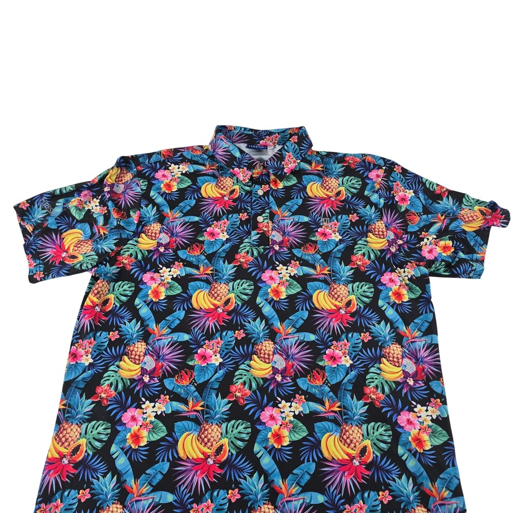 Hreski Mens Tropical Fruit Floral Performance Polo Shirt Large Black Multi 14930